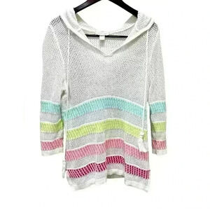 Christopher & Banks White Striped Open Knit Hooded Beach Sweater‎ Size Large